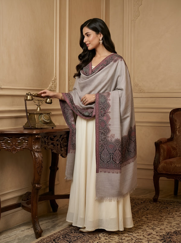 Naqsh-e-Kashmir Woven Kani Jacquard Border Grey Shawl | Wool Blend