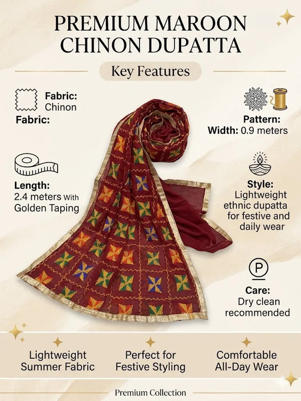 Chinon Phulkari Women Maroon Dupatta with Traditional Motif Work & Tape Border