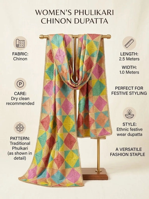 Luxe Chinon Women Phulkari Mulitcolor Dupatta with Geometric Thread Work & Lace Border
