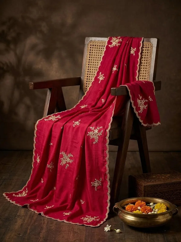 Luxe Chinon Womens Pink Dupatta with Floral Diamond Work & Lace Border