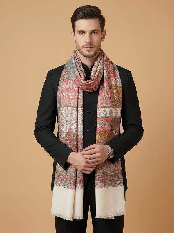 Noble Mens Patchwork Kani Jacquard Woven White Stole