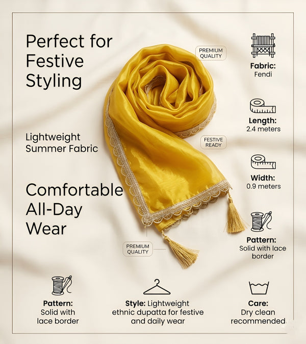 Fendi Women Dupatta – Gold Tone with Lace Border & Latkan