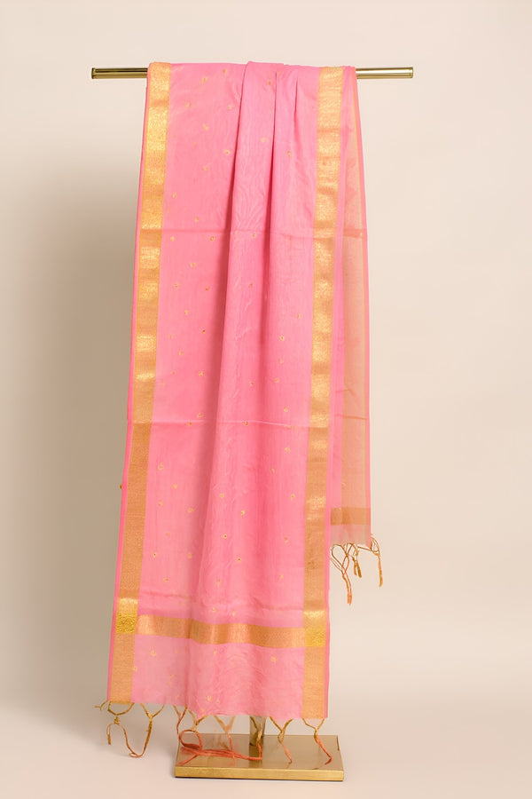 Cotton Silk Mens Dupatta – Pink with Zari Buta & Border Work