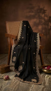 Luxe Vichitra Women Black Dupatta with 4 Side Scalloped Embroidered Border & Buti Embellishment