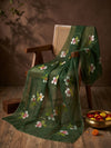 Luxe Organza Women Bottle Green Dupatta with Handbrush Floral Art & Beads