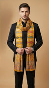 Reserve Mens Wool Blend Multicolor Geometric Diamond Jacquard Mustard Stole with Mughal Floral Border