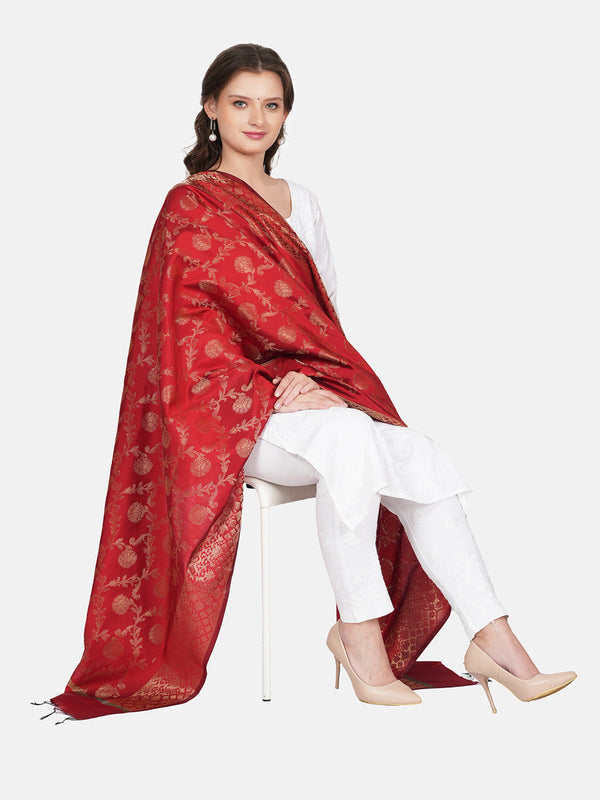 Maroon Banarasi Silk Dupatta with All-Over Woven Floral Motifs & Rich Zari Border (Size: 2.5x1 m Approx)
