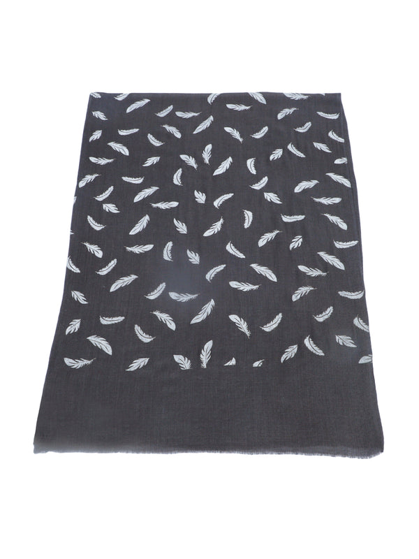 Micro Wool Black Feather Motif Women Stole | Soft Wrap with Subtle Woven Accents (80 × 28 Inches)