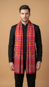 Reserve Mens Wool Blend Multicolor Geometric Diamond Jacquard Red Stole with Mughal Floral Border