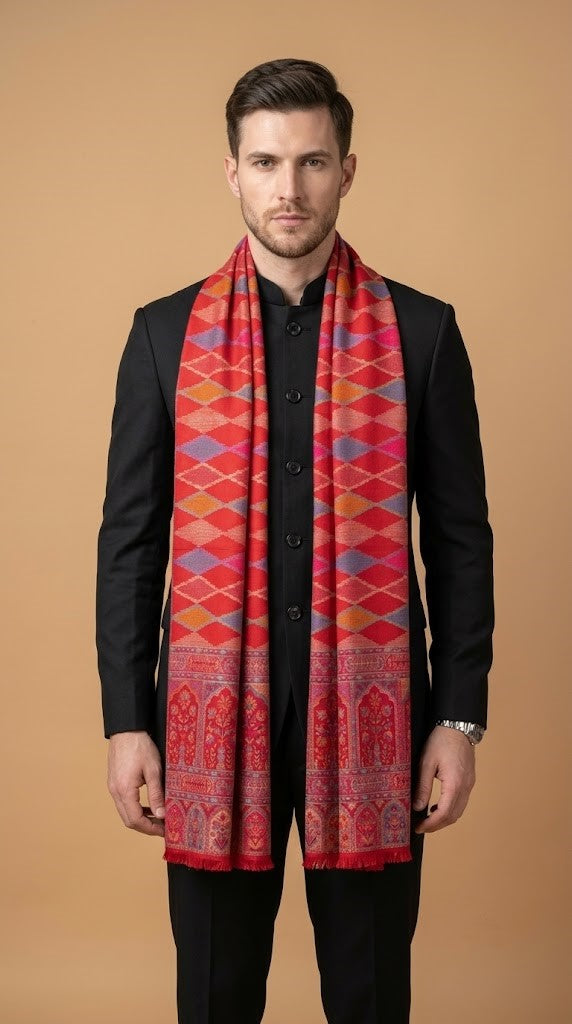 Reserve Mens Wool Blend Multicolor Geometric Diamond Jacquard Red Stole with Mughal Floral Border