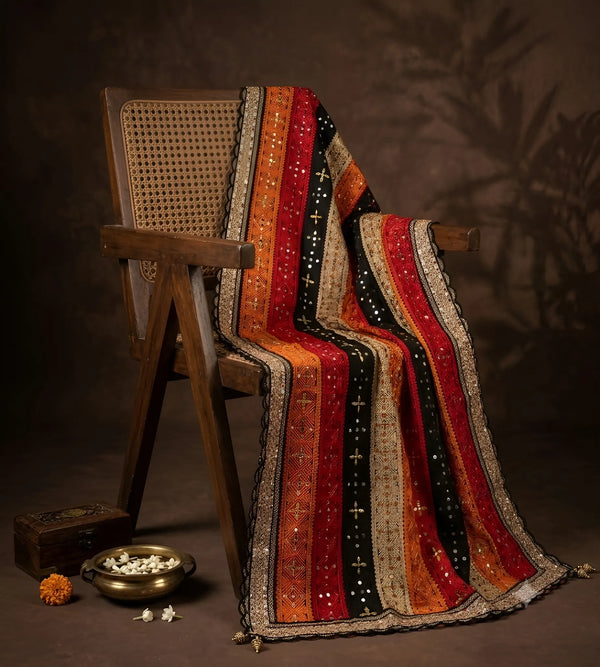 Luxe Chinon Multicolour Mirror Work Embroidered Phulkari Dupatta with Scalloped Lace Border