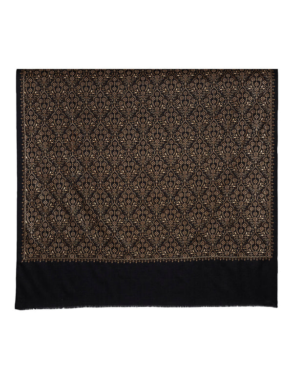 Woolen Women Shawl in Black with All-Over Floral Jaal Weave (80 x 40 Inches)
