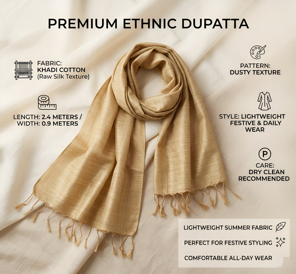 Gold Khadi Cotton Dupatta with Subtle Sheen & Border Detailing | Soft Textured Ethnic Dupatta