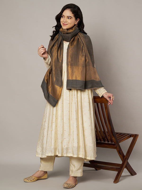 Reversible Wool Brown Women Stole with Moonlight Zari Border | Elegant Winter Wrap | 80 × 28 Inches