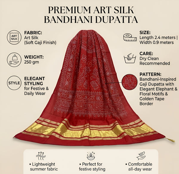 Bamboo Silk Bandhani Inspired Gajji Women Maroon Dupatta with Elephant & Floral Motifs and Golden Tape Border