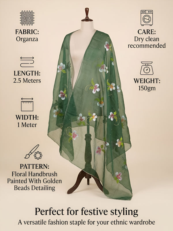 Luxe Organza Women Bottle Green Dupatta with Handbrush Floral Art & Beads