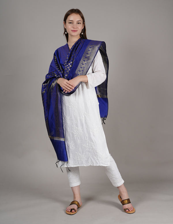 Blue Banarasi Silk Dupatta with Gold Zari Buti & Ornate Border (Size: 2.5x1 m Approx)