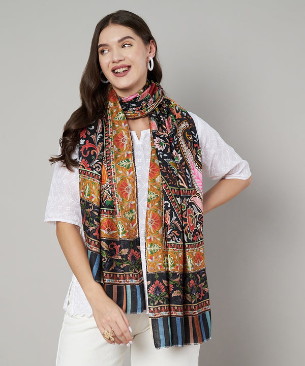 Signature Kashmiri Print & Thread Work Bamboo Silk Stole for Women