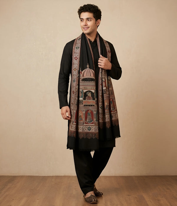Mir-e-Khas Men's Mughal Palace Scenic Jacquard Woven Black Shawl with Zari Work
