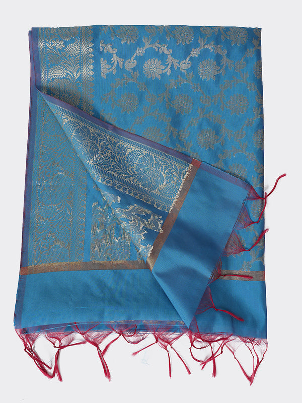 Sky Blue Banarasi Silk Dupatta with All-Over Woven Floral Motifs & Rich Zari Border (Size: 2.5x1 m Approx)