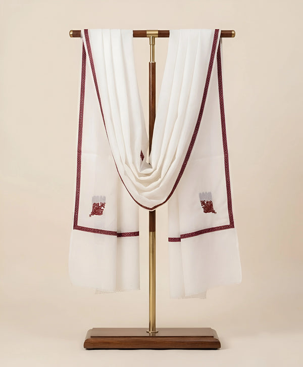 Regal Woven Border Accent Corner Wool Blend White Stole | Kashmiri Inspired