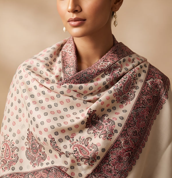 Naqsh-e-Kashmir Kani Woven All-Over Paisley Jacquard White Shawl