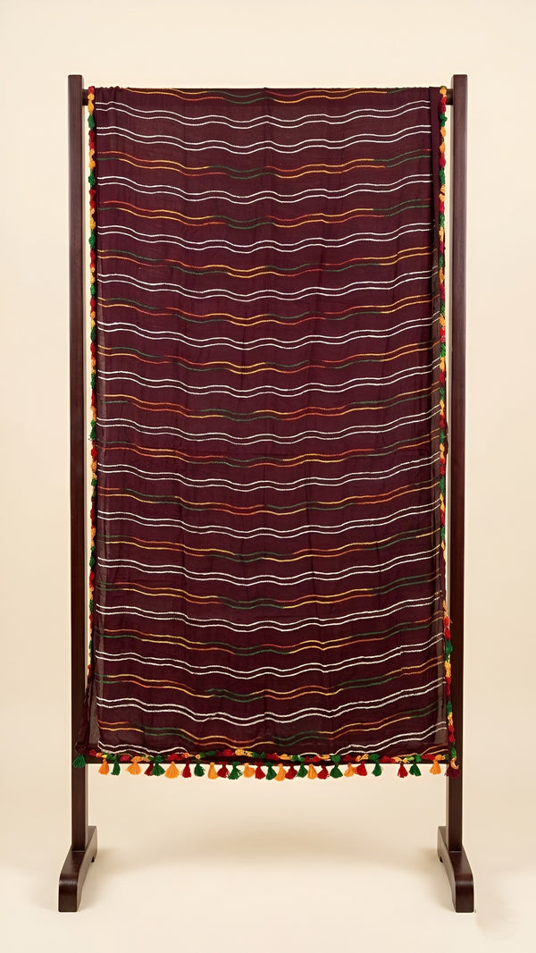 Maroon Nazneen Chiffon Dupatta with Multicolor Stripes & Pom Pom Border