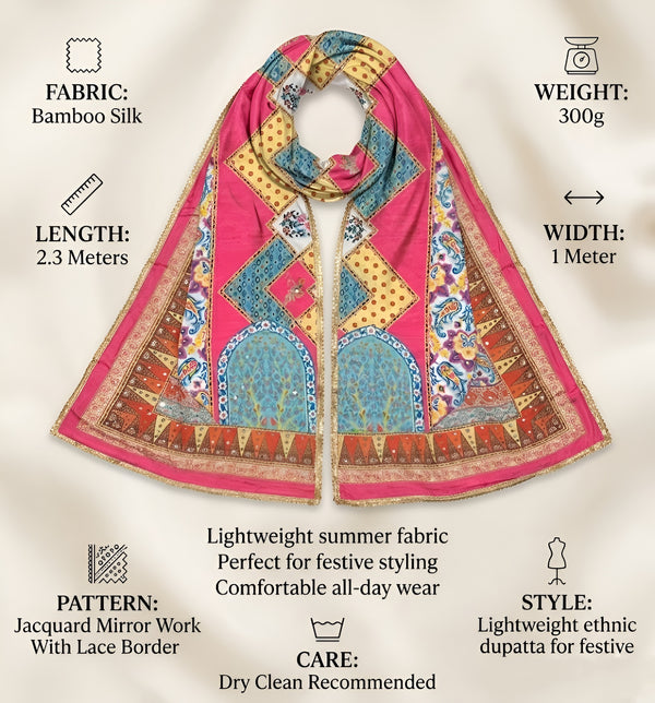 Chinon Floral Mirror Work Women Multicolor Dupatta with Designer Printed Panels & Lace Border