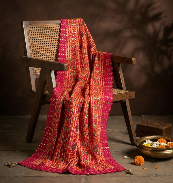 Heritage Woven Geometric Zari Chinon Pink Mens Dupatta