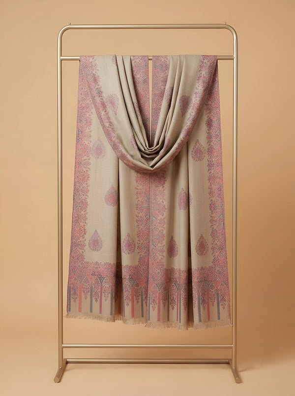 Regal Kani Woven Paisley Border Wool Blend Beige Stole | Kashmiri Inspired