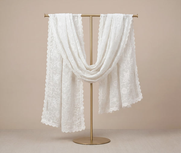 White Mul Cotton Embroidered Dupatta with Intricate Floral Hand Work & Lace Border
