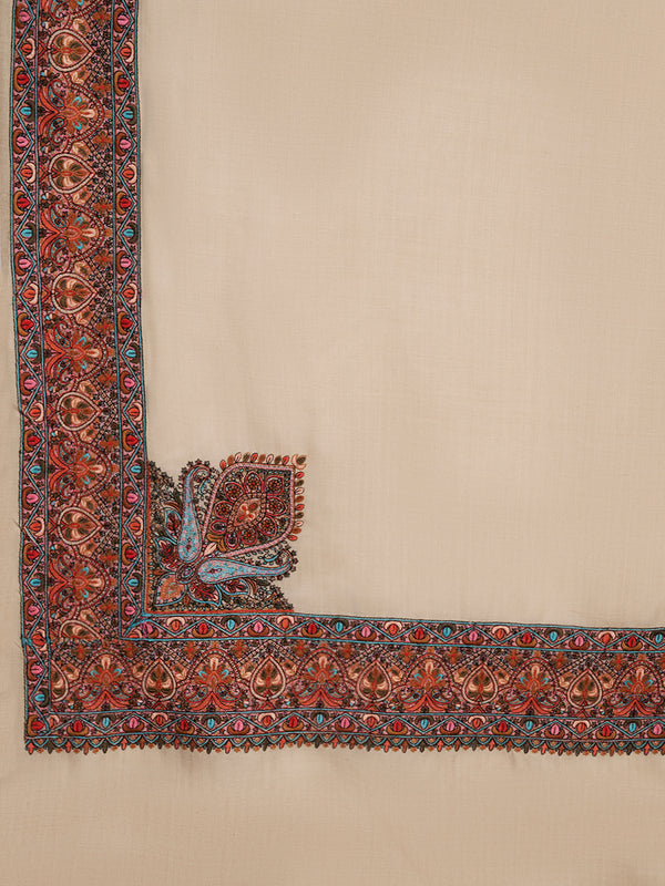 Woolen Mens Shawl in Beige with Multicolour Kashmiri-Inspired Embroidered Border (80 x 40 Inches)