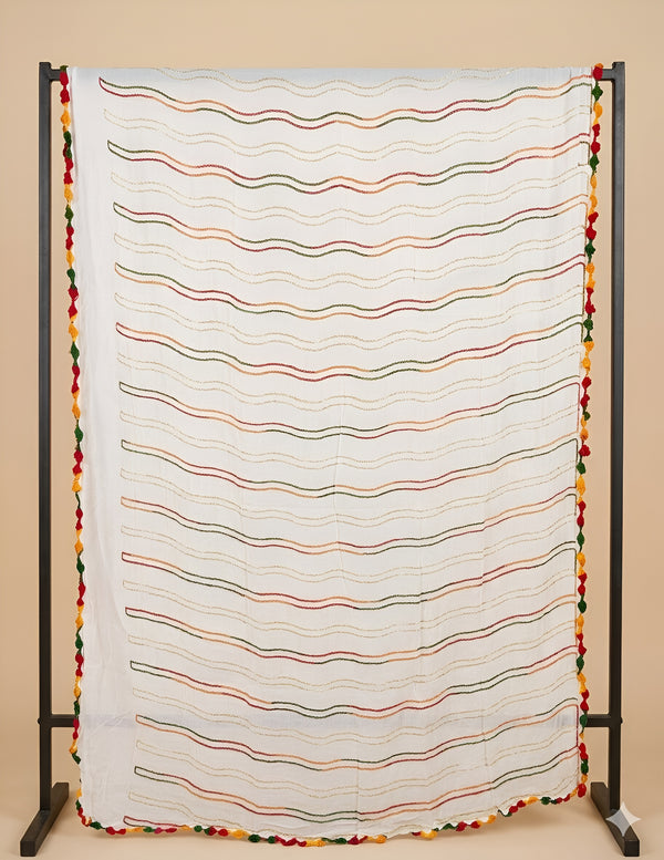 White Nazneen Chiffon Dupatta with Multicolor Stripes & Pom Pom Border