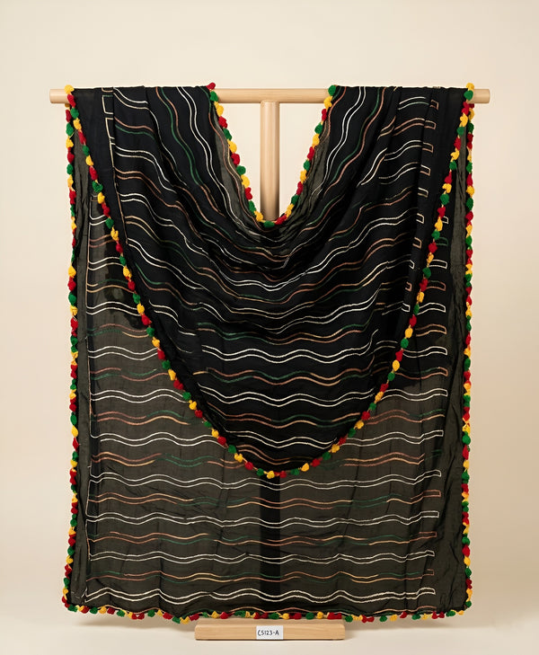 Black Nazneen Chiffon Mens Dupatta with Multicolor Stripes & Pom Pom