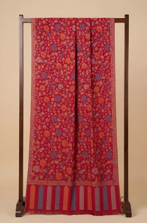 Regal Kani Weave Floral Wool Blend Red Stole | Kashmiri Inspired