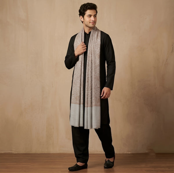 Mir-e-Khas Kashmiri Sozni Jaal Grey Shawl for Men – Wool Blend