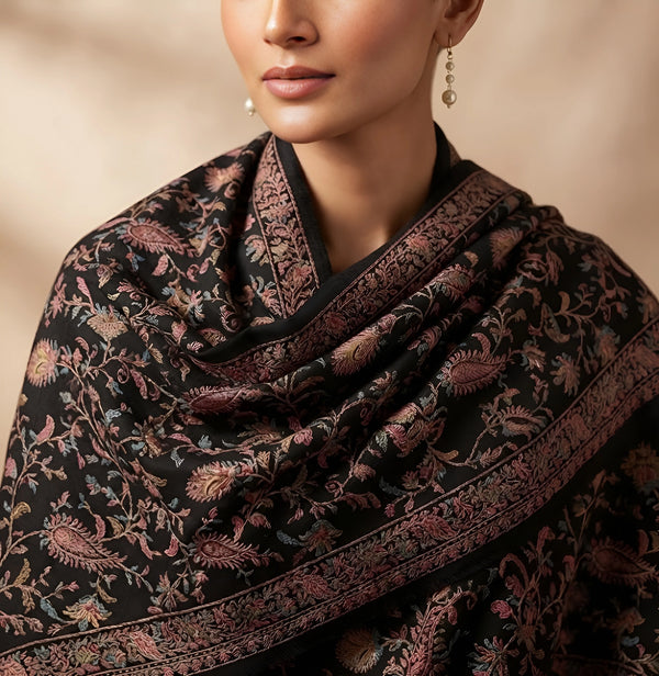 Naqsh-e-Kashmir Inspired Jamawar Floral Paisley Vine Wool Blend Black Shawl