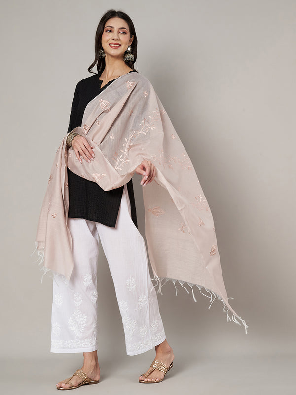 Pink Chanderi Cotton Dupatta with Subtle Floral Embroidery (Size: 2.5x1 m Approx)