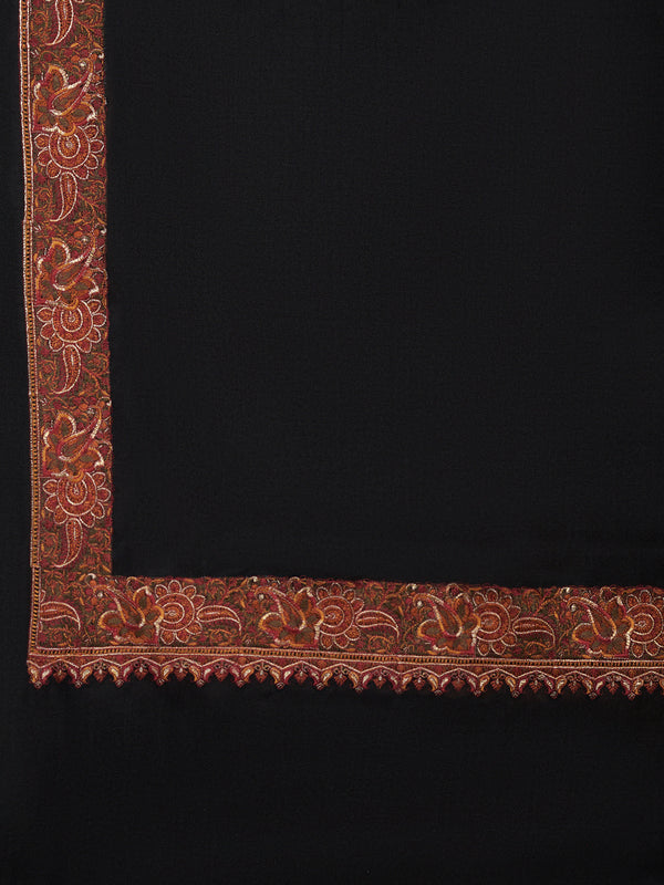 Classic Woolen Mens Shawl with Embroidered Border in Rich Black (80 x 40 Inches)