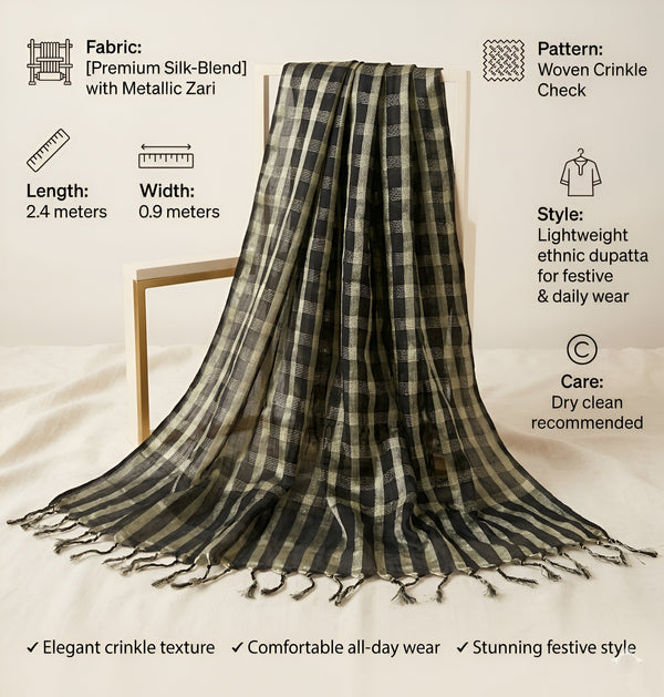 Black Cotton Dupatta with Golden Stripe Weave & Tassel Border