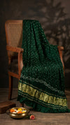 Luxurious Gajji Silk Green Dupatta with Bandhani Dots & Zari Border