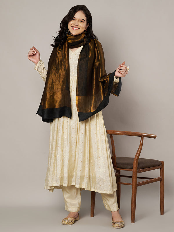 Reversible Wool Black Women Stole with Moonlight Zari Border | Elegant Winter Wrap | 80 × 28 Inches