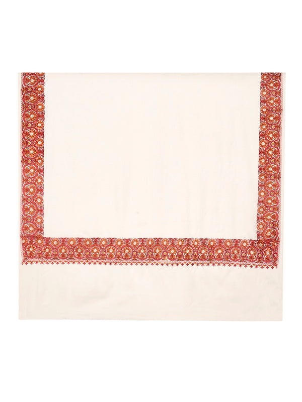 White Woolen Mens Shawl with Traditional Embroidered Border (80 x 40 Inches)