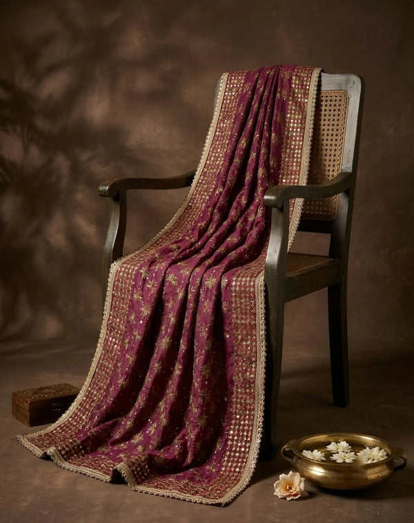 Heritage Phulkari Embroidered Purple Mens Dupatta with Lace Border