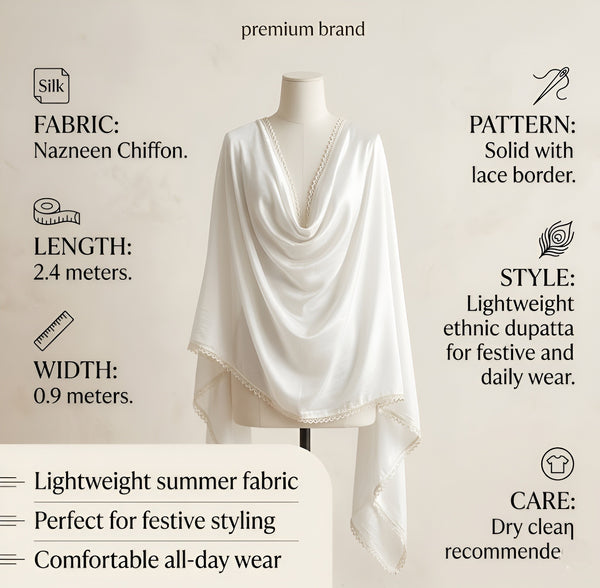 Nazneen Chiffon Mens Dupatta – Solid White with Elegant Lace Border