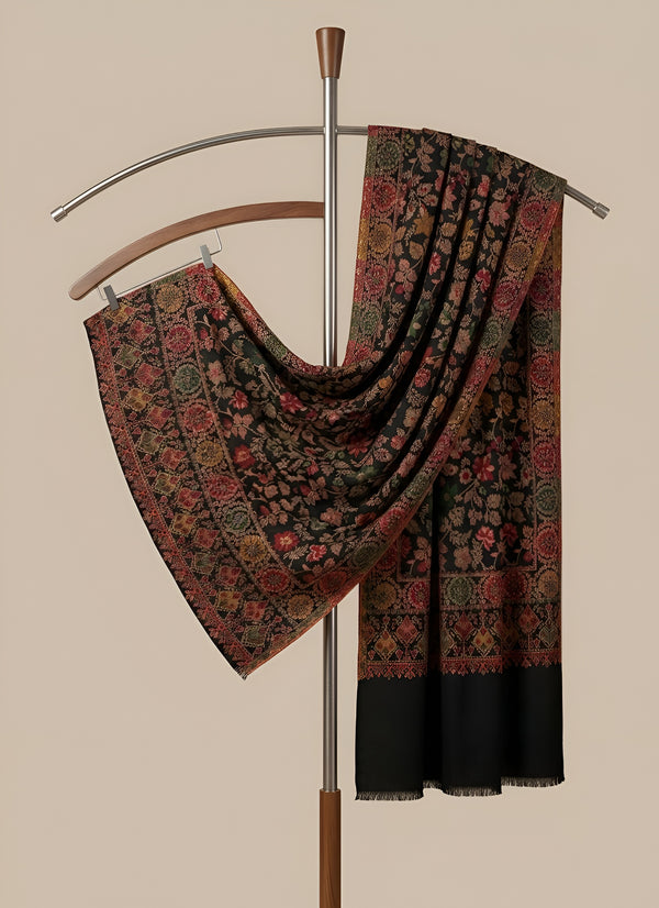 Noble Mens Wool Blend Floral Kani Weave Black Stole
