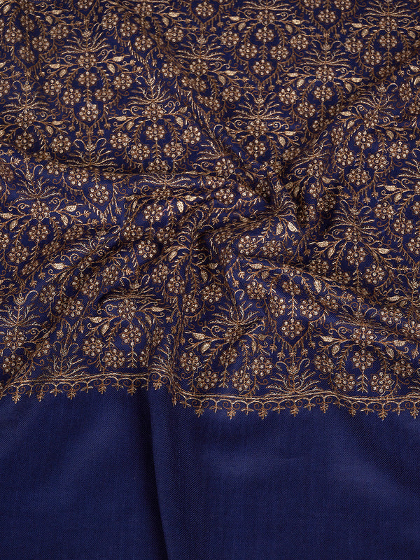 Woolen Mens Shawl in Blue with All-Over Floral Jaal Weave (80 x 40 Inches)