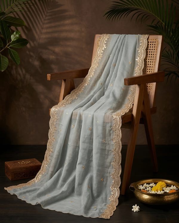 Luxe Fendi Women Blue Dupatta with 2 Side Scalloped Border, Mirror Detailing & Buti Embellishment