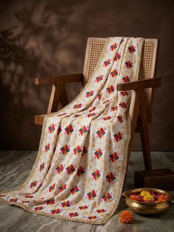 Luxe Chinon Women Phulkari White Dupatta with Lace Border & Traditional Motif Work