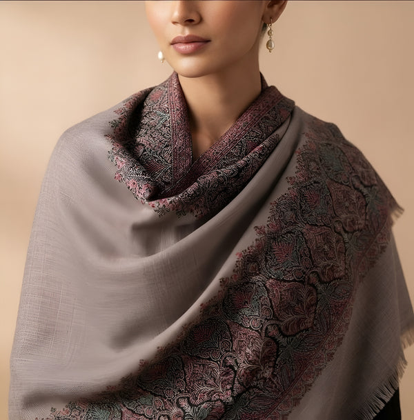 Naqsh-e-Kashmir Woven Kani Jacquard Border Grey Shawl | Wool Blend